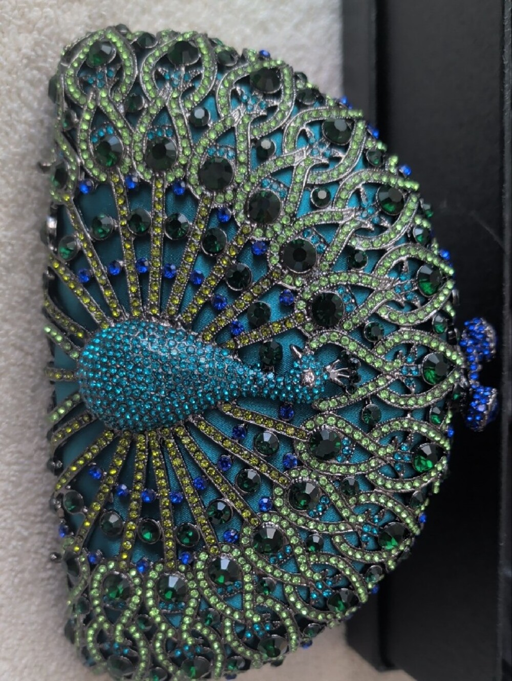Natasha Couture Blue Peacock Crystal Rhinestone Evening Clutch Minaudière Bag - Picture 9 of 15